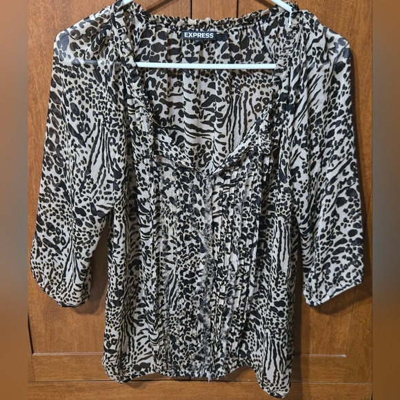 Express Tops - Express Women's Animal Print Sheer Top - Black and Light Beige